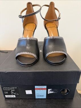 Coach Jordan Mat .  Black Leather Open-Toe Ankle-Strap Heels with Silver Trim